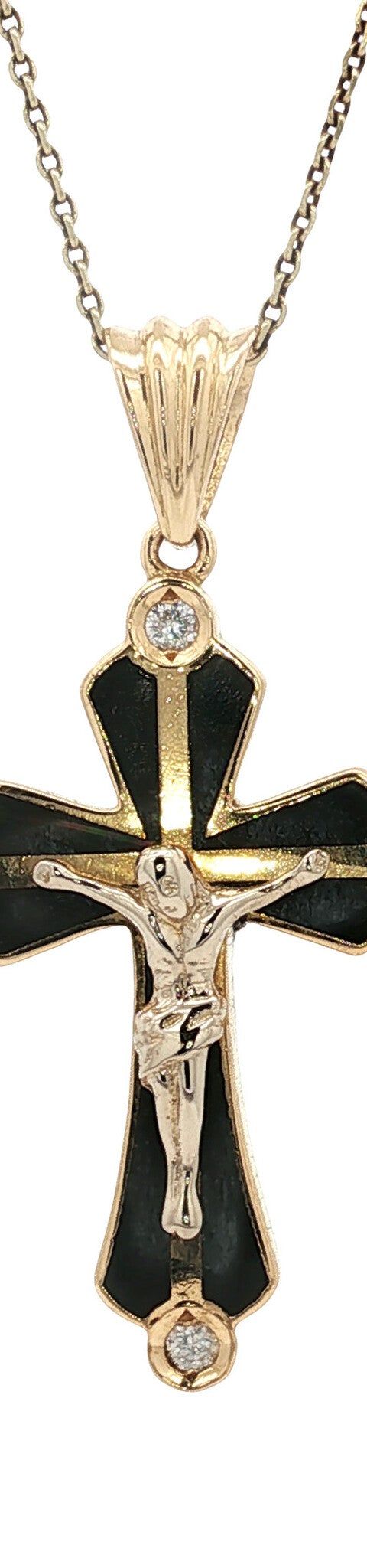 Vintage 18K Gold Cross Pendant with Enamel and Cubic Zirconia